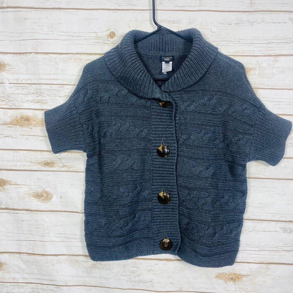 Talbots Women's Cable Knit Short Sleeve Cardigan Sweater‎ Shawl Collar Grey MP